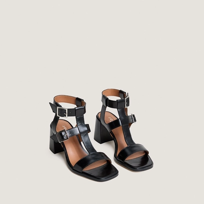 Sandales &agrave; talons et doubles brides ajustables en cuir noir | VALENCIA | Jonak