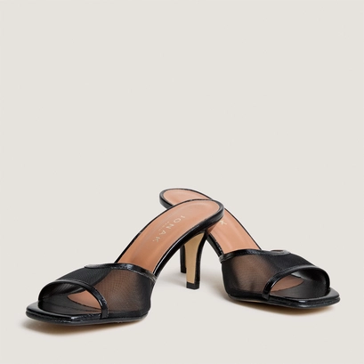 Mules &agrave; talons en cuir brillant noir et r&eacute;sille noire | VAV | Jonak