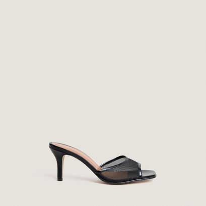 Mules &agrave; talons en cuir brillant noir et r&eacute;sille noire | VAV | Jonak