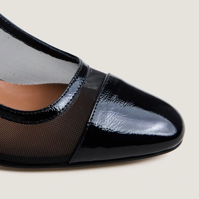 Slingbacks &agrave; talons en vernis pliss&eacute; noir et r&eacute;sille noire | DRAG | Jonak