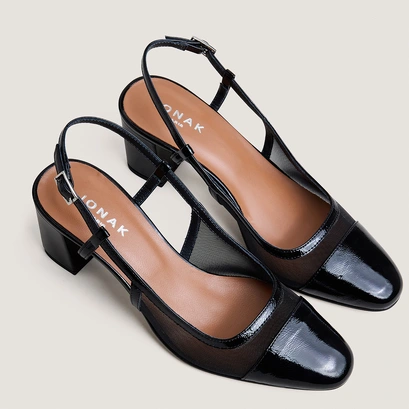 Slingbacks &agrave; talons en vernis pliss&eacute; noir et r&eacute;sille noire | DRAG | Jonak