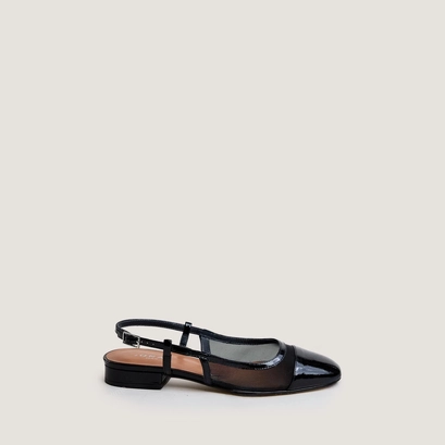 Ballerines slingbacks en vernis pliss&eacute; noir et r&eacute;sille noire | DRAGUS | Jonak