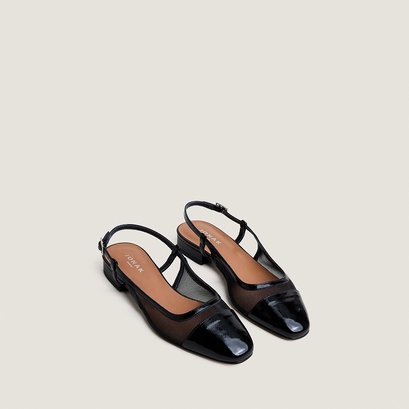 Ballerines slingbacks en vernis pliss&eacute; noir et r&eacute;sille noire | DRAGUS | Jonak