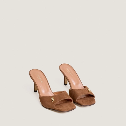 Mules &agrave; talons et monogrammes en velours noisette | VERTIGE