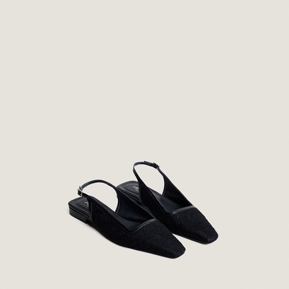 Ballerines slingbacks &agrave; bouts pointus en dentelle noire et cuir noir | DAXO | Jonak