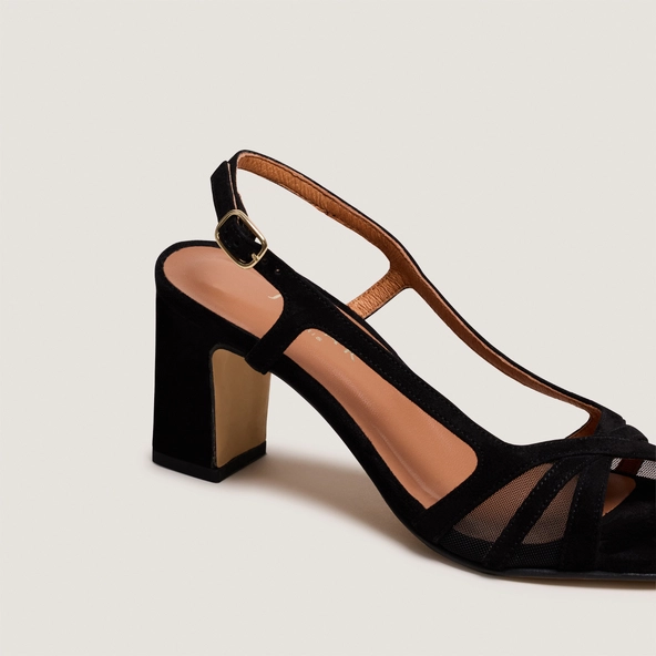Sandales à talons en velours noir et résille noire | VAHINE | Jonak