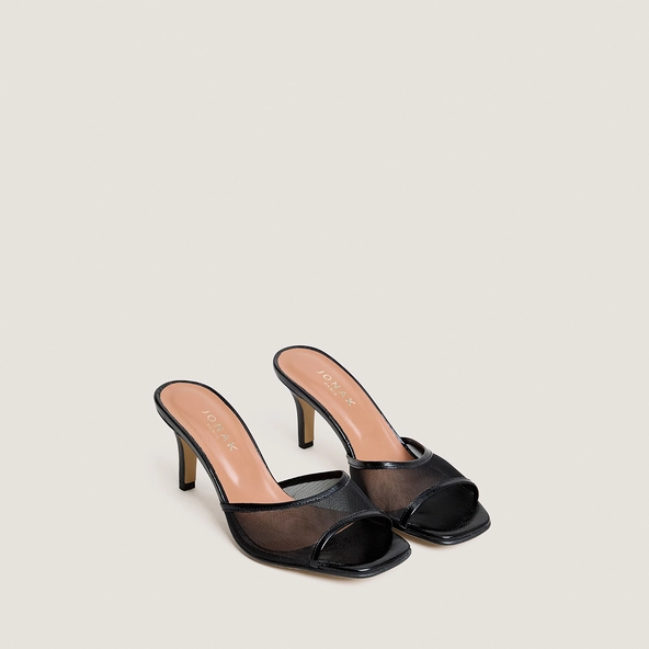 Mules à talons en cuir brillant noir et résille noire | VAV | Jonak