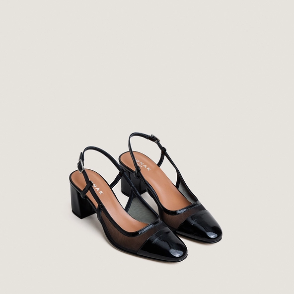 Slingbacks &agrave; talons en vernis pliss&eacute; noir et r&eacute;sille noire | DRAG | Jonak