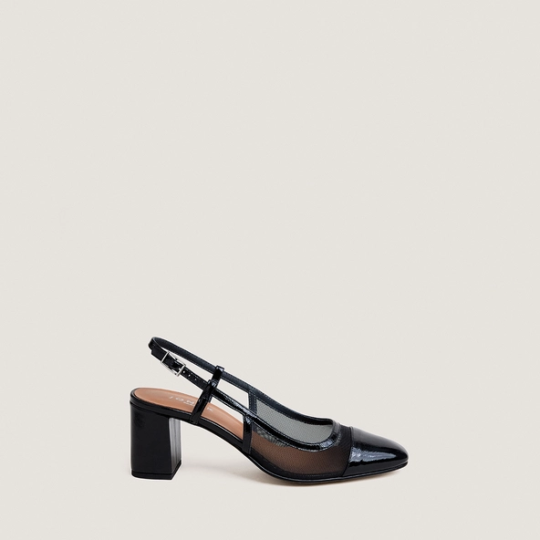 Slingbacks &agrave; talons en vernis pliss&eacute; noir et r&eacute;sille noire | DRAG | Jonak