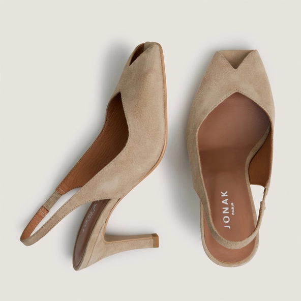 Escarpins slingbacks &agrave; bouts carr&eacute;s en velours camel | DELOURS | Jonak
