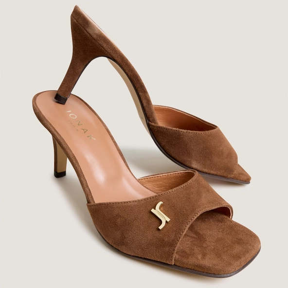 Mules à talons et monogrammes en velours noisette | VERTIGE | Jonak