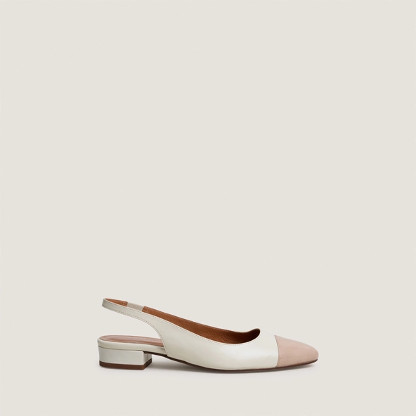 Ballerines slingbacks &agrave; petits talons en vernis beige et cuir vieilli &eacute;cru | DECISION | Jonak