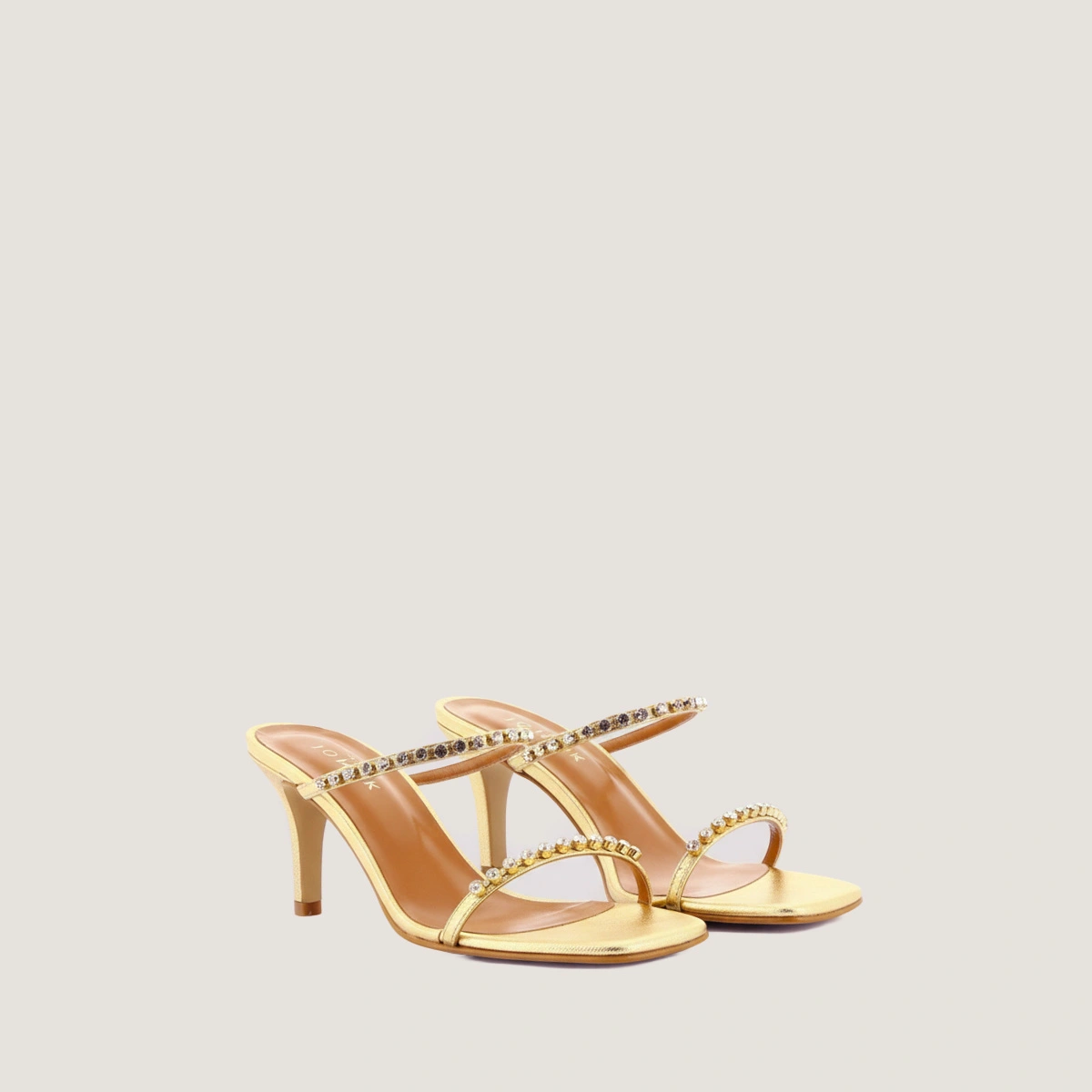 Sandales à talons et brides fines Swarovski en cuir craquelé or | VAMOUREUSE | Jonak