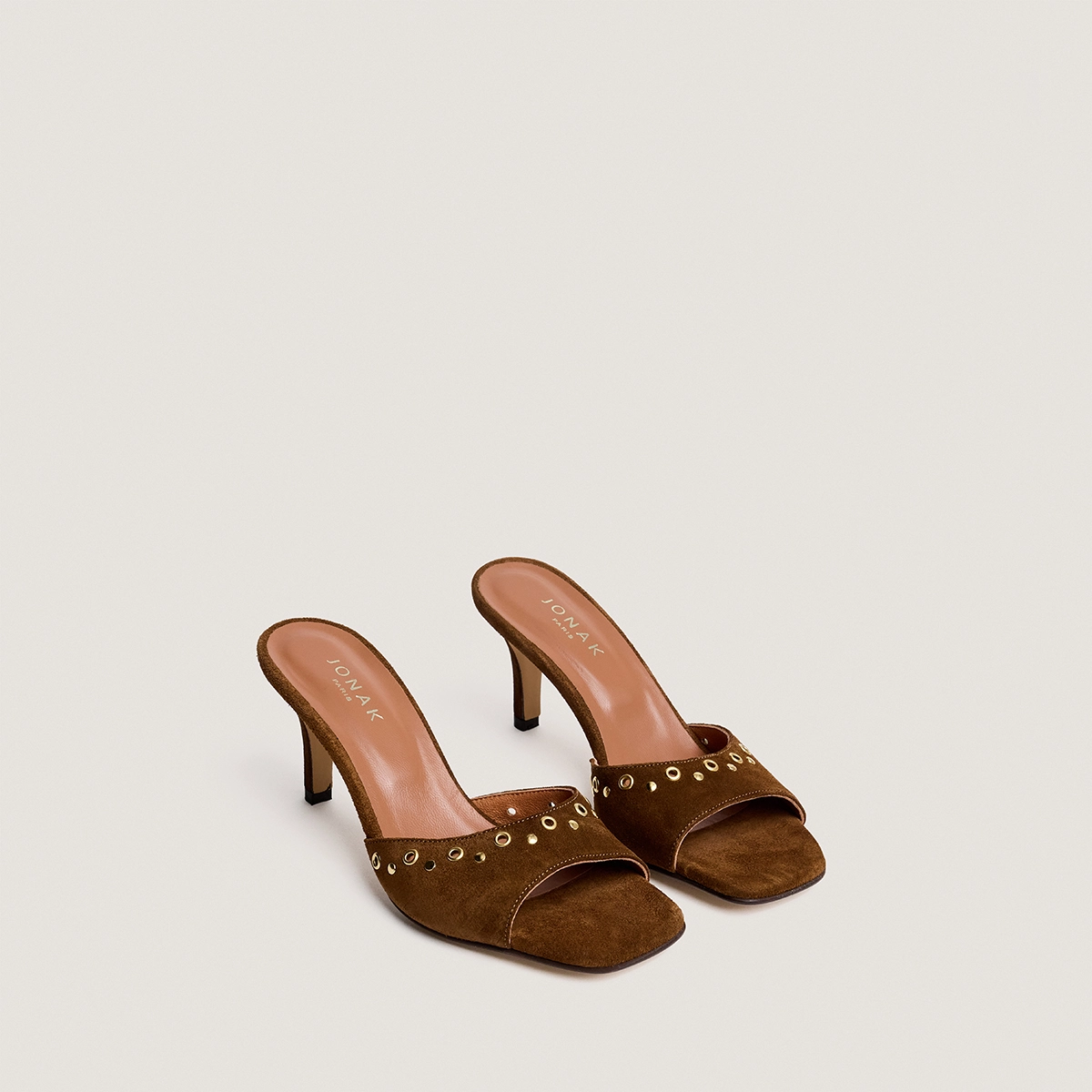 Mules &agrave; talons hauts et rivets en cro&ucirc;te cognac | VIVE | Jonak