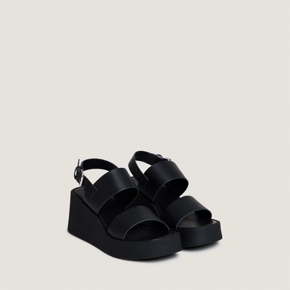 Sandales compens&eacute;es &agrave; brides larges en cuir noir | ELISA | Jonak