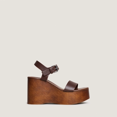 Sandales compens&eacute;es &agrave; brides ajustables en cuir cacao | ETHAN | Jonak
