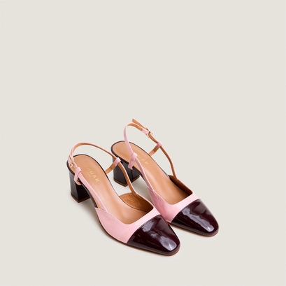 Slingbacks &agrave; talons en vernis bordeaux et vernis pliss&eacute; rose p&eacute;tale | DHAPOP | Jonak