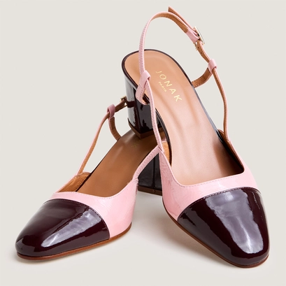 Slingbacks &agrave; talons en vernis bordeaux et vernis pliss&eacute; rose p&eacute;tale | DHAPOP | Jonak