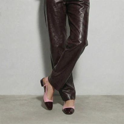 Ballerines slingbacks en vernis bordeaux et vernis pliss&eacute; rose p&eacute;tale | DHAPOU | Jonak
