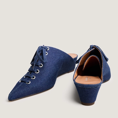 Mules &agrave; lacets et talons compens&eacute;s en jean bleu fonc&eacute; | DOLEANE | Jonak