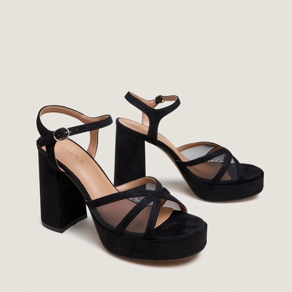 Sandales &agrave; plateformes et talons hauts en textile noir et r&eacute;sille noire | JENNYFER | Jonak