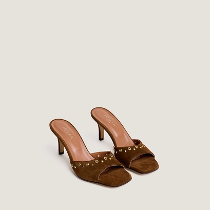 Mules &agrave; talons hauts et rivets en cro&ucirc;te cognac | VIVE | Jonak