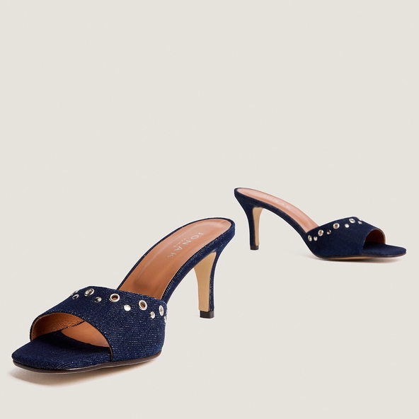 Mules &agrave; talons hauts et rivets en jeans bleu fonc&eacute; | VIVE | Jonak