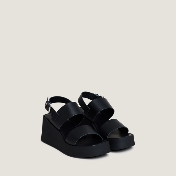 Sandales compensées à brides larges en cuir noir | ELISA | Jonak