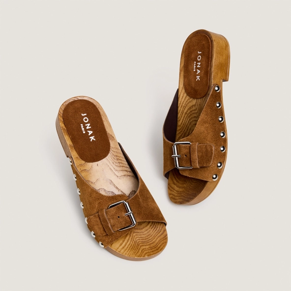 Mules &agrave; petits talons et rivets en cro&ucirc;te cognac | ENORA | Jonak