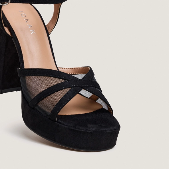 Sandales à plateformes et talons hauts en textile noir et résille noire | JENNYFER | Jonak