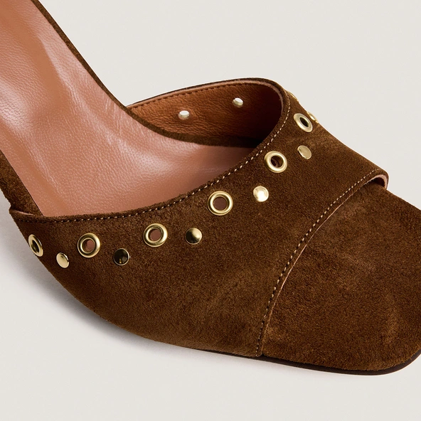 Mules &agrave; talons hauts et rivets en cro&ucirc;te cognac | VIVE | Jonak