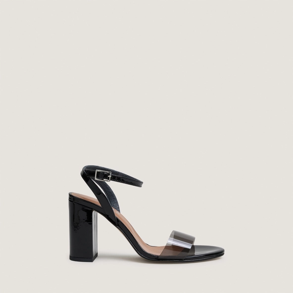Sandales &agrave; talons hauts et brides chevilles en vernis noir et vinyle noir | DANGER | Jonak
