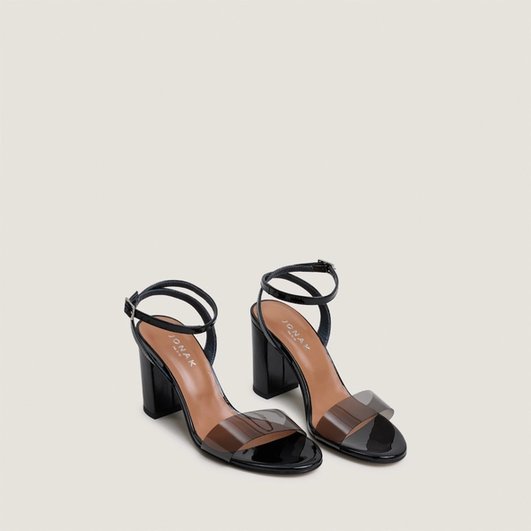 Sandales &agrave; talons hauts et brides chevilles en vernis noir et vinyle noir | DANGER | Jonak