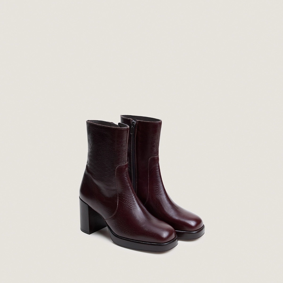 Bottines &agrave; plateformes et bouts carr&eacute;s en cuir vieilli chocolat | BOOM | Jonak