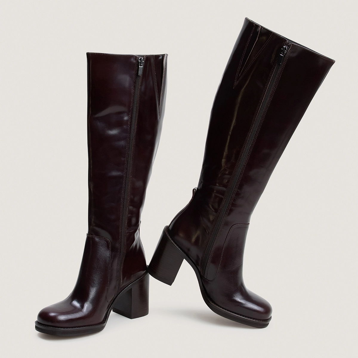 Bottes à talons débordants en cuir marron foncé taille mollet M | BRETZEL | Jonak
