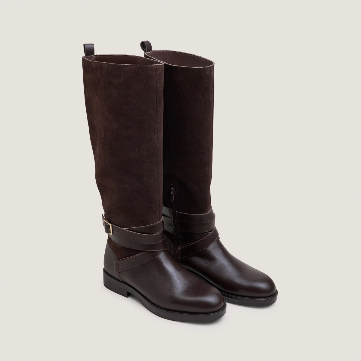 Bottes cavalières à brides chevilles en cuir chocolat et croûte chocolat | THEA | Jonak