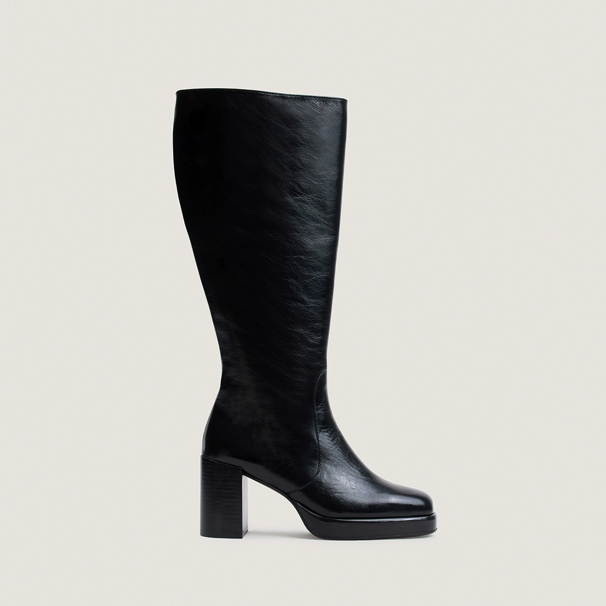 Bottes à plateformes en cuir vieilli noir taille mollet L|BAM | Jonak