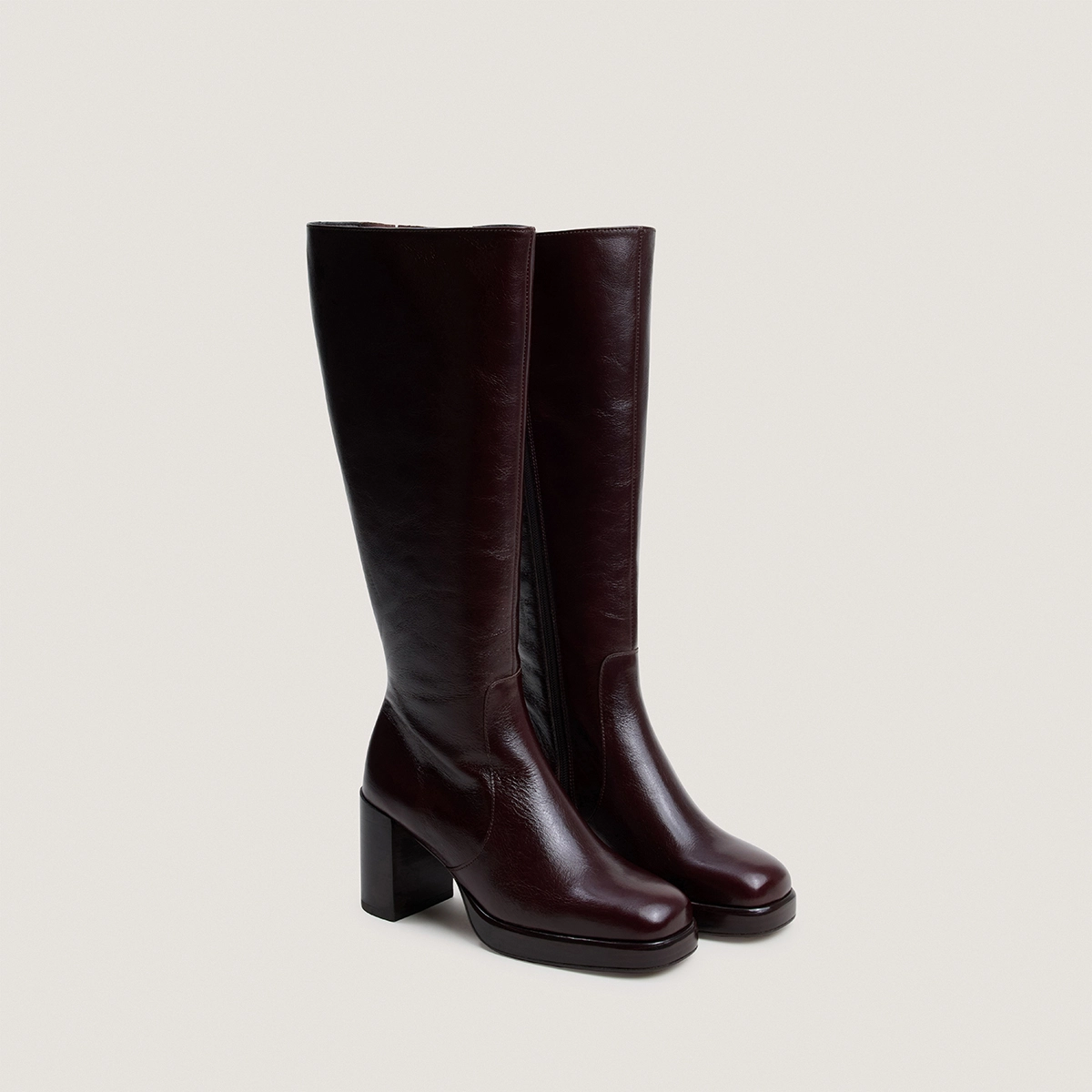 Bottes à plateformes en cuir vieilli chocolat taille mollet M|BAM | Jonak