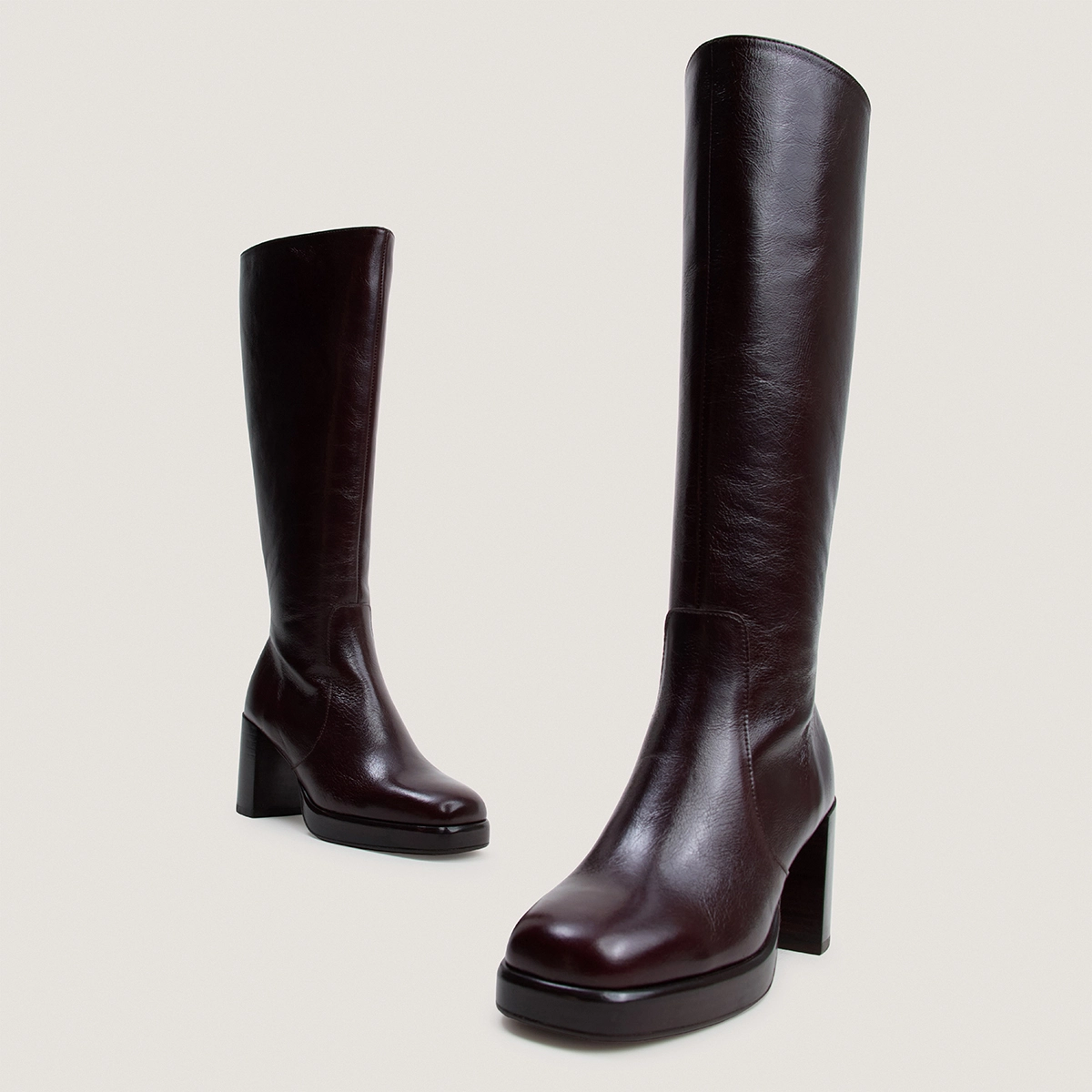 Bottes à plateformes en cuir vieilli chocolat taille mollet M | BAM | Jonak