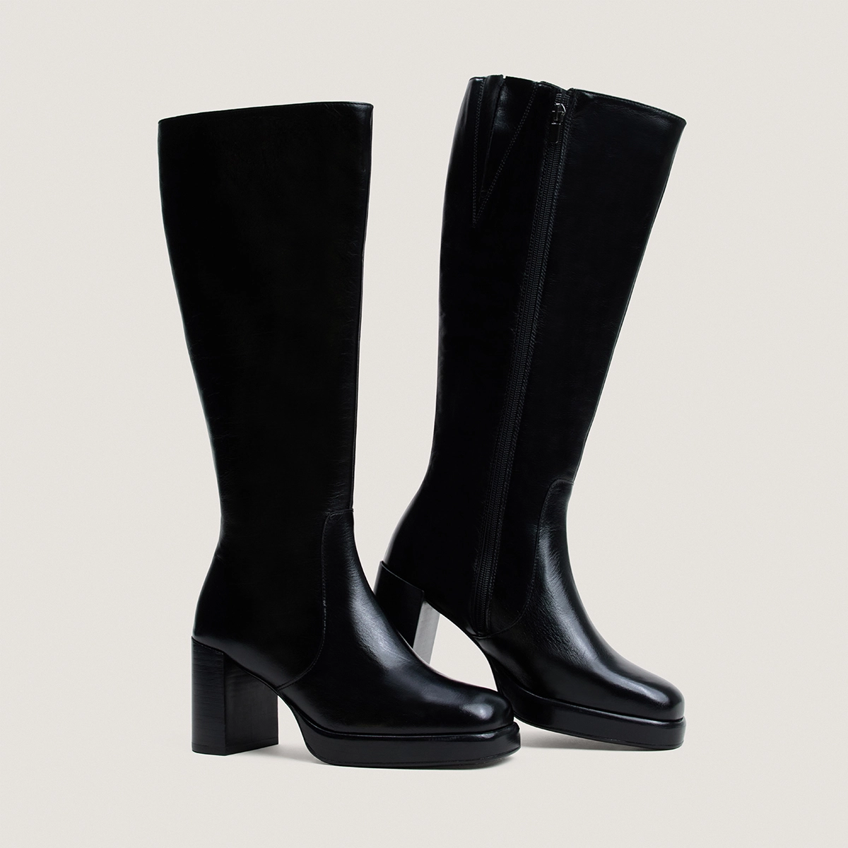 Bottes à plateformes en cuir vieilli noir taille mollet M|BAM | Jonak