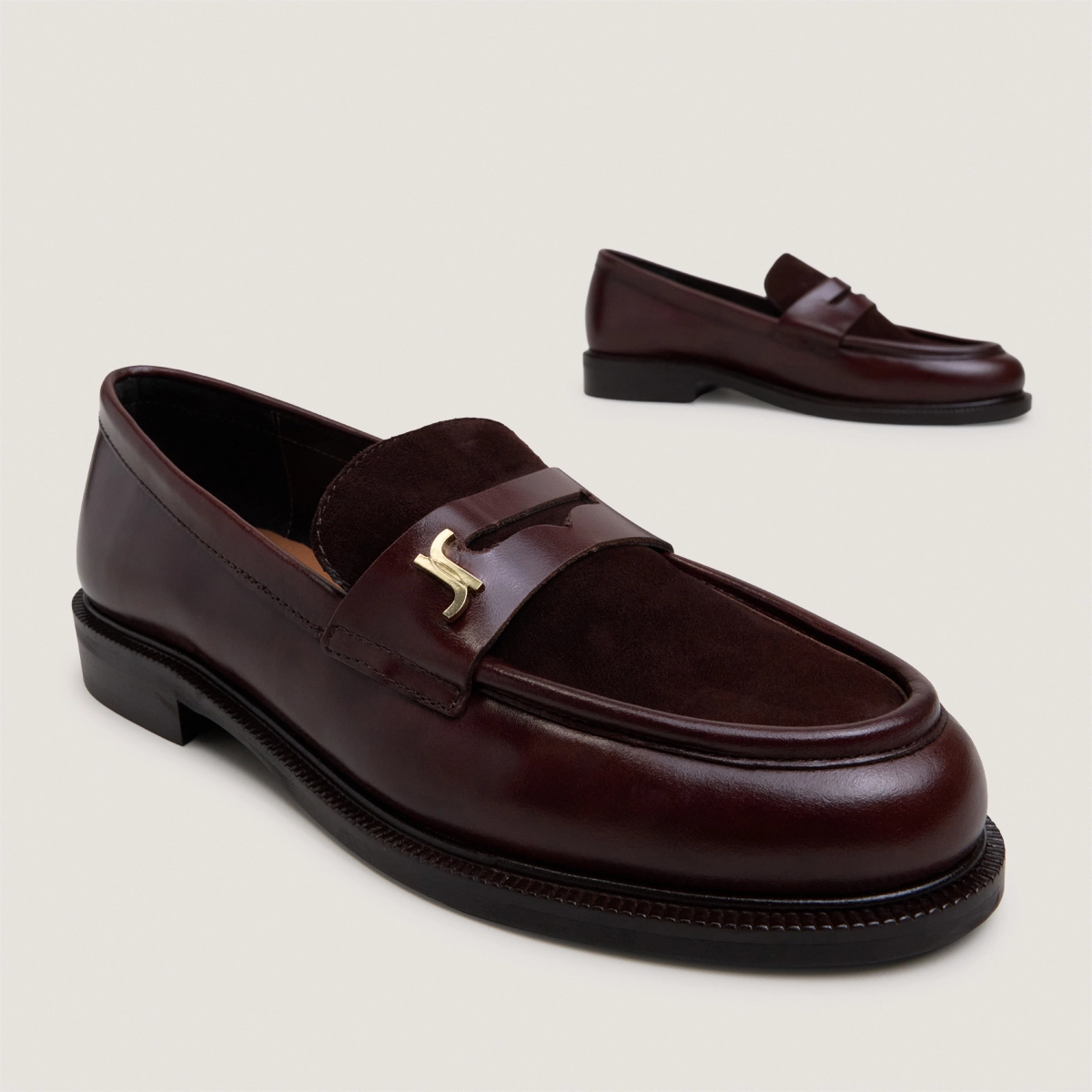 Mocassins &agrave; bouts ronds et monogrammes en cuir chocolat et velours marron | DUEDI | Jonak
