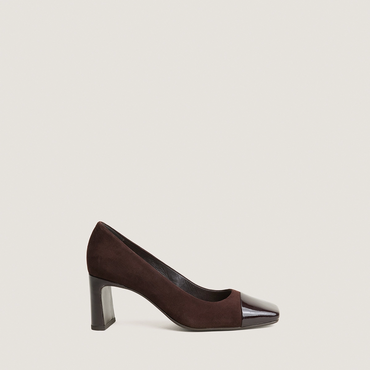 Escarpins à talons larges et bouts carrés en vernis marron foncé et velours marron | DOG | Jonak