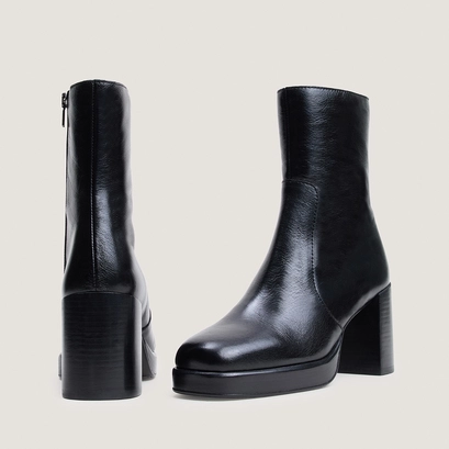 Bottines à plateformes et bouts carrés en cuir vieilli noir | BOOM | Jonak