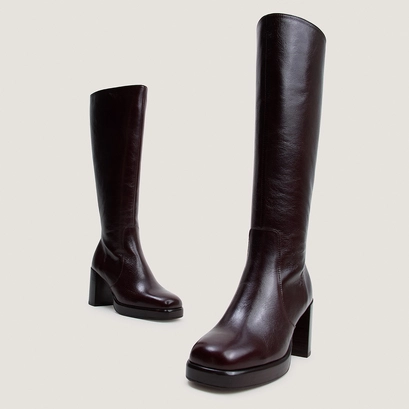 Bottes &agrave; plateformes en cuir vieilli chocolat taille mollet M | BAM | Jonak