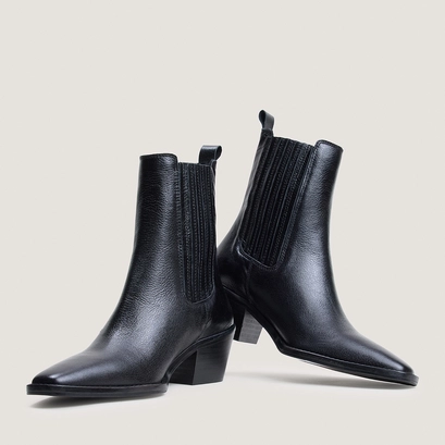 Bottines &agrave; talons et fronces en cuir grain&eacute; noir | BIRMAN | Jonak