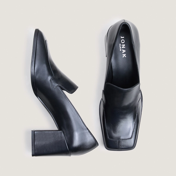 Mocassins &agrave; talons et bouts carr&eacute;s en cuir noir | BRIGHT | Jonak