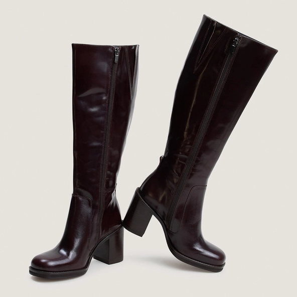Bottes à talons débordants en cuir marron foncé taille mollet M | BRETZEL | Jonak