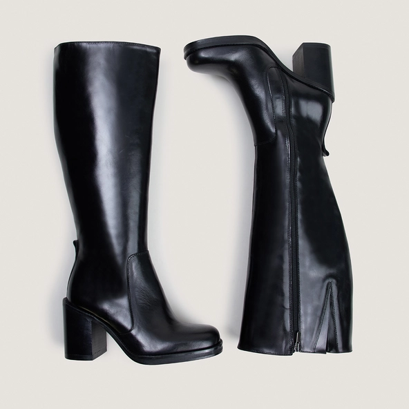 Bottes à talons débordants en cuir noir taille mollet M | BRETZEL | Jonak
