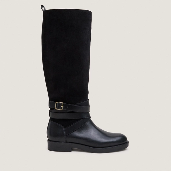 Bottes cavali&egrave;res &agrave; brides chevilles en cuir noir et cro&ucirc;te noire | THEA | Jonak