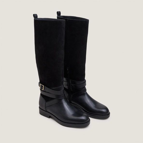 Bottes cavali&egrave;res &agrave; brides chevilles en cuir noir et cro&ucirc;te noire | THEA | Jonak